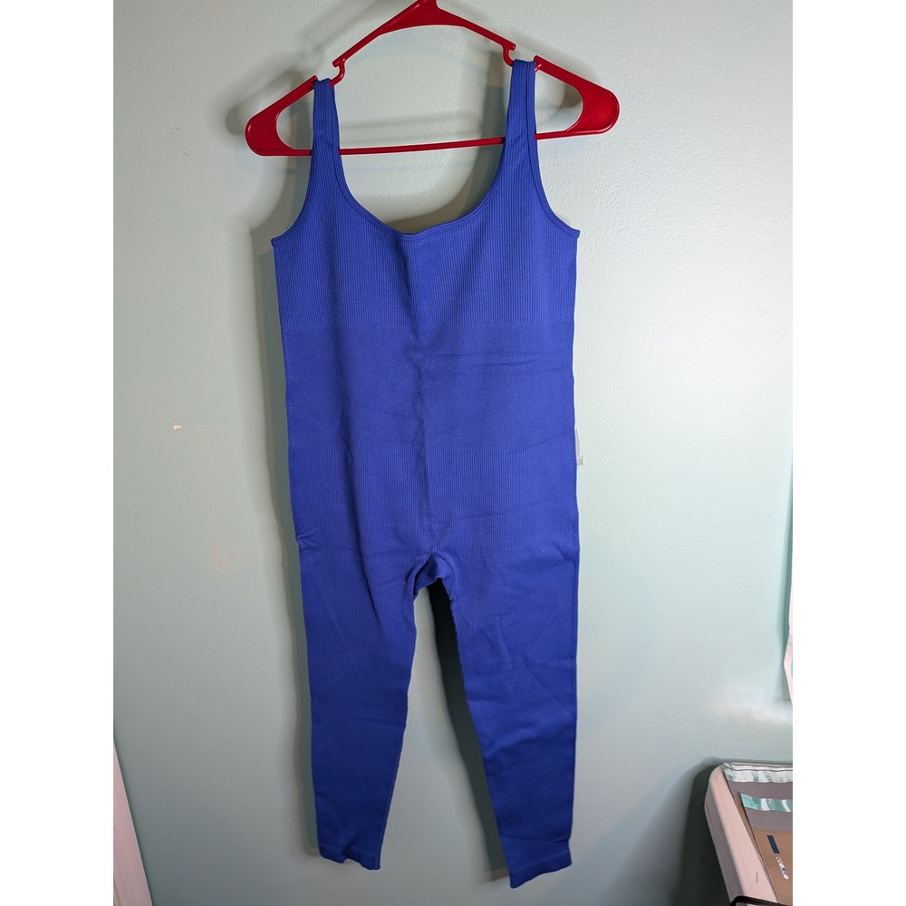 Blue Ribbed Knit Sleeveless Full Length Athletic Bodysuit Jumpsuit XL